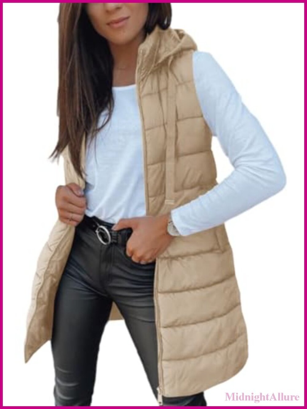 Womens Long Puffer Vest Sleeveless Hooded Lightweight Zip Winter Outerwear
